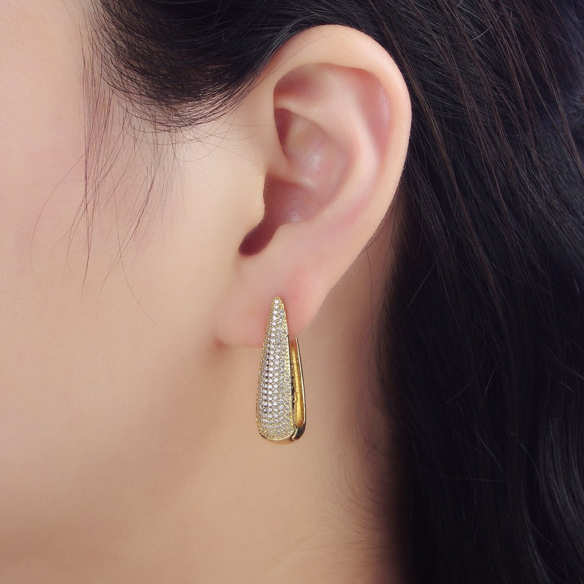 24K Gold plated 28mm Micro Paved CZ Oblong Hoop Earrings | AD790 - DLUXCA