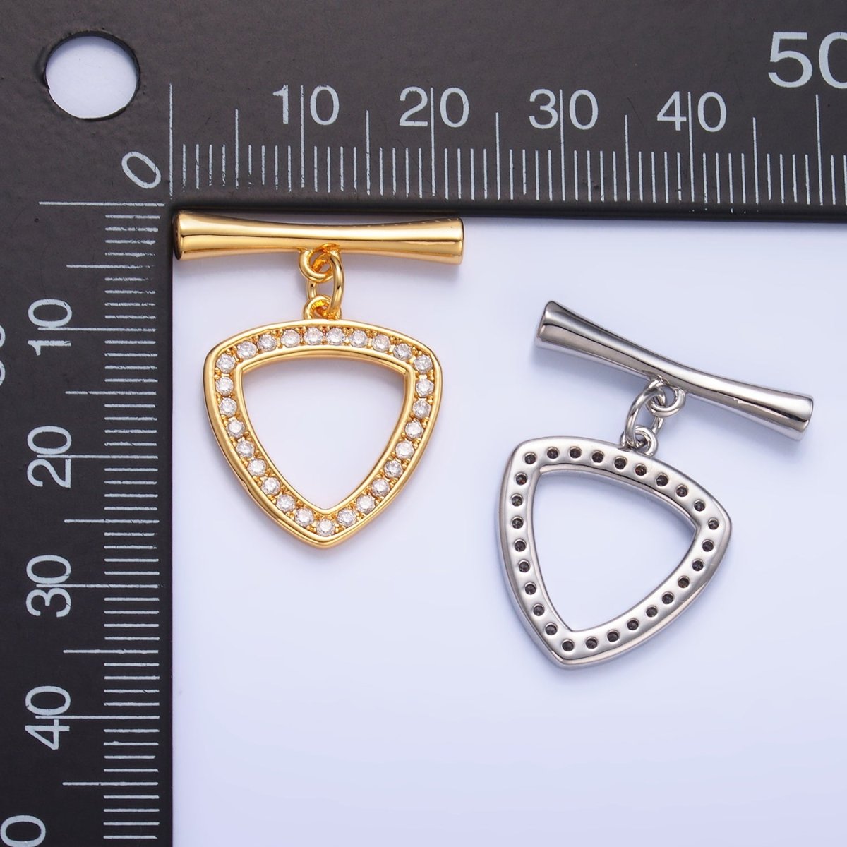 24K Gold plated 28mm Micro Paved CZ Triangle Toggle Clasps Closure Findings in Gold & Silver | Z1032 - DLUXCA