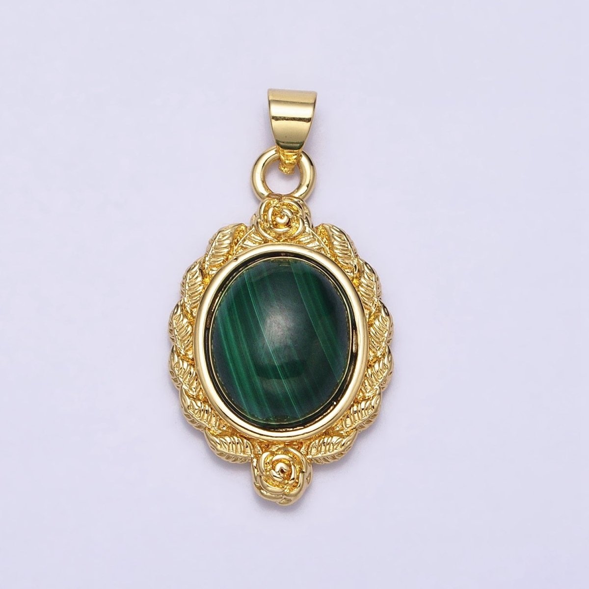 24K Gold plated 29mm Lapis Lazuli, Malachite, Moss Agate Cabochon Gemstone Leaf Rose Bezel Pendant | AA286 - AA288 - DLUXCA