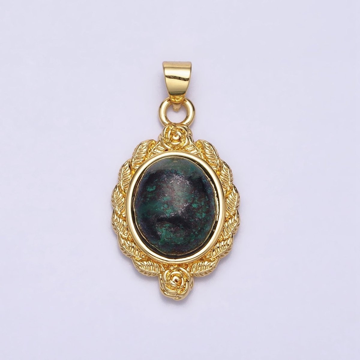 24K Gold plated 29mm Lapis Lazuli, Malachite, Moss Agate Cabochon Gemstone Leaf Rose Bezel Pendant | AA286 - AA288 - DLUXCA