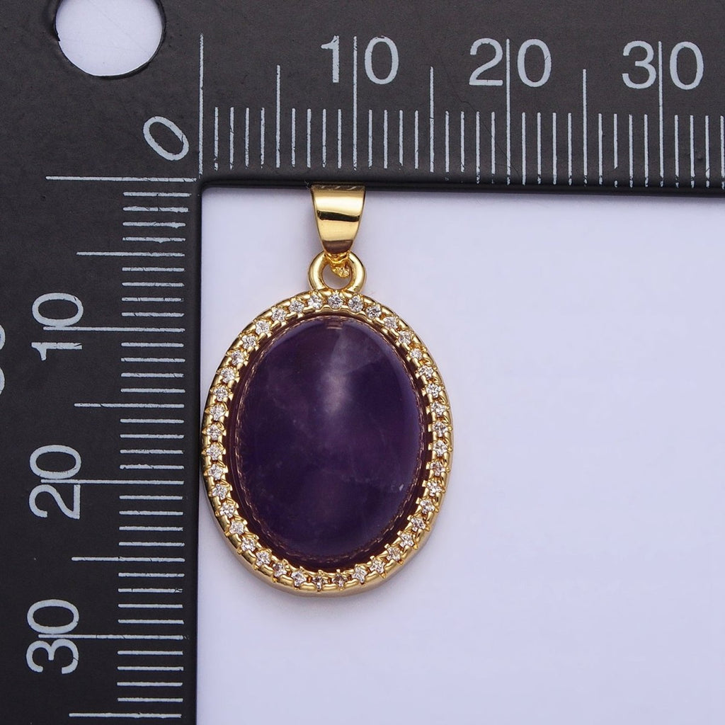 24K Gold plated 29mm Purple Amethyst Natural Gemstone Cabochon Oval Micro Paved CZ Pendant | AA331 - DLUXCA