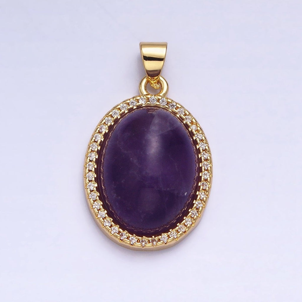 24K Gold plated 29mm Purple Amethyst Natural Gemstone Cabochon Oval Micro Paved CZ Pendant | AA331 - DLUXCA