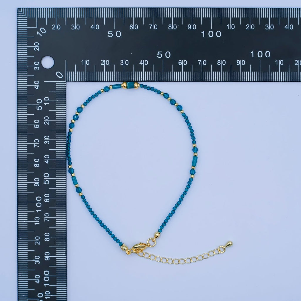 24K Gold plated 2mm Blue Multifaceted Gemstone 9 Inch Anklet | WA - 2947 - DLUXCA