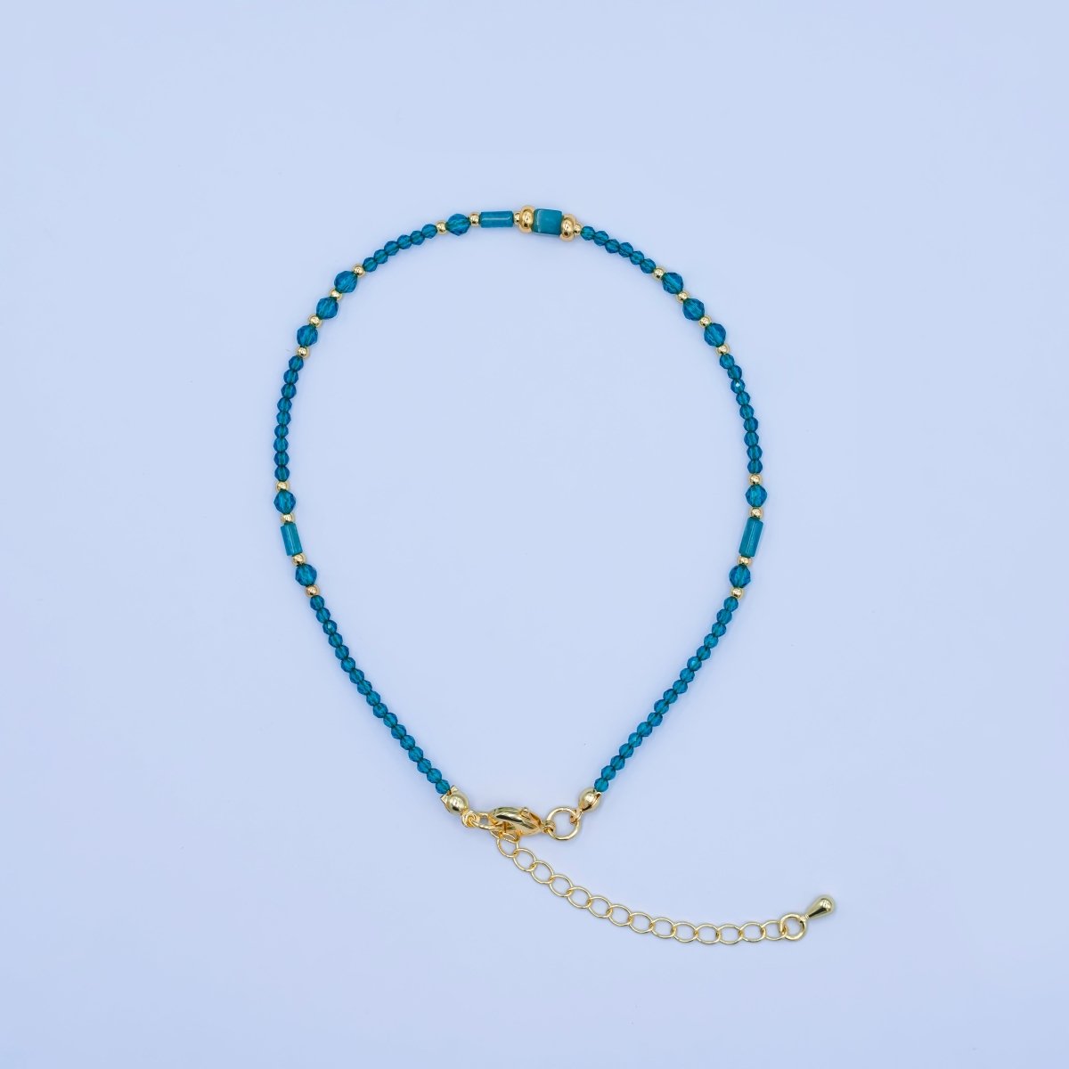 24K Gold plated 2mm Blue Multifaceted Gemstone 9 Inch Anklet | WA - 2947 - DLUXCA