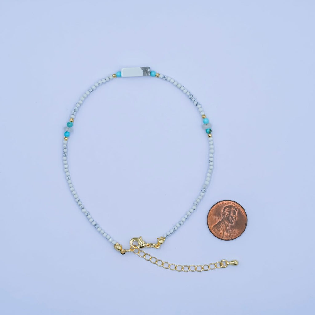 24K Gold plated 2mm Blue Turquoise Howlite Gemstone 9.5 Inch Anklet | WA - 2952 - DLUXCA