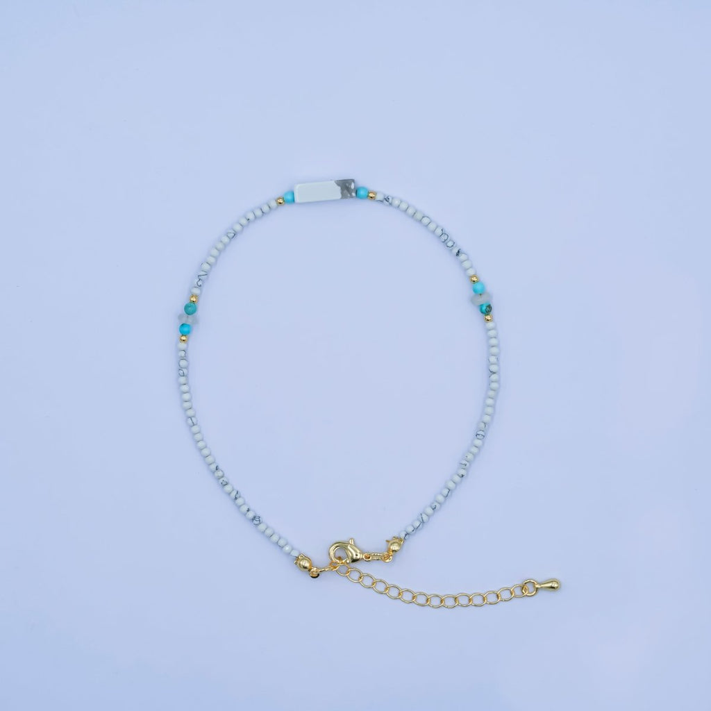 24K Gold plated 2mm Blue Turquoise Howlite Gemstone 9.5 Inch Anklet | WA - 2952 - DLUXCA