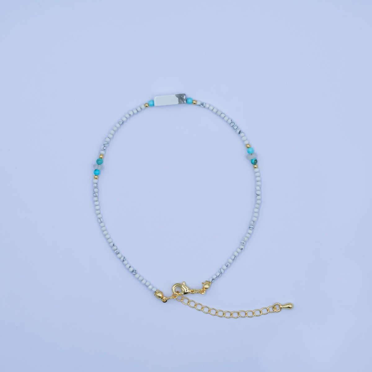 24K Gold plated 2mm Blue Turquoise Howlite Gemstone 9.5 Inch Anklet | WA - 2952 - DLUXCA