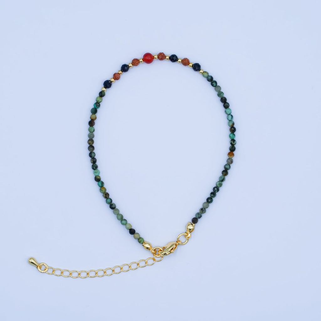 24K Gold plated 2mm Carnelian Amazonite Gemstone 7.5 Inch Bracelet | WA-2882