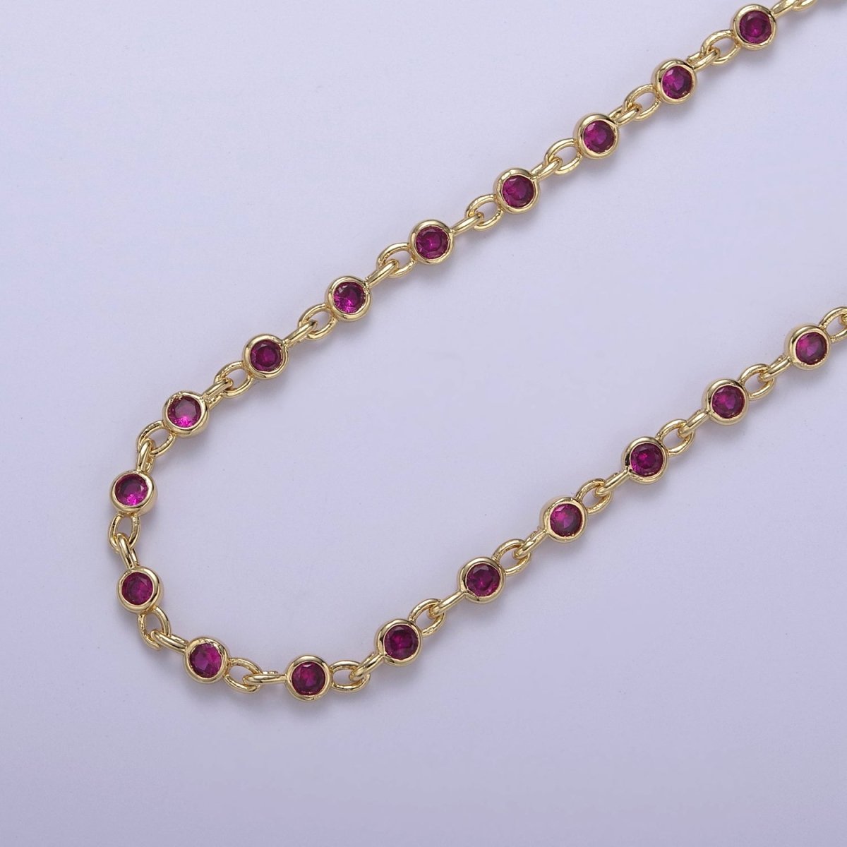 24K Gold plated 2mm Fuchsia Round Cut Bezel Chain by Yard, Station Necklace CZ Diamond by Foot for Necklace Bracelet Jewelry Making | ROLL-775 Clearance Pricing - DLUXCA