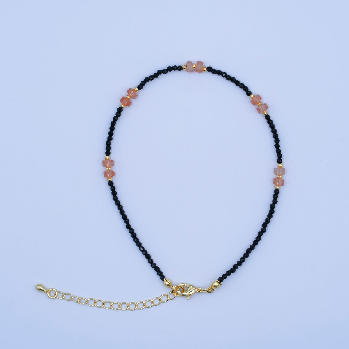 24K Gold plated 2mm Pink Black Multifaceted Gemstone 9 Inch Anklet Bracelet | WA - 2949 - DLUXCA