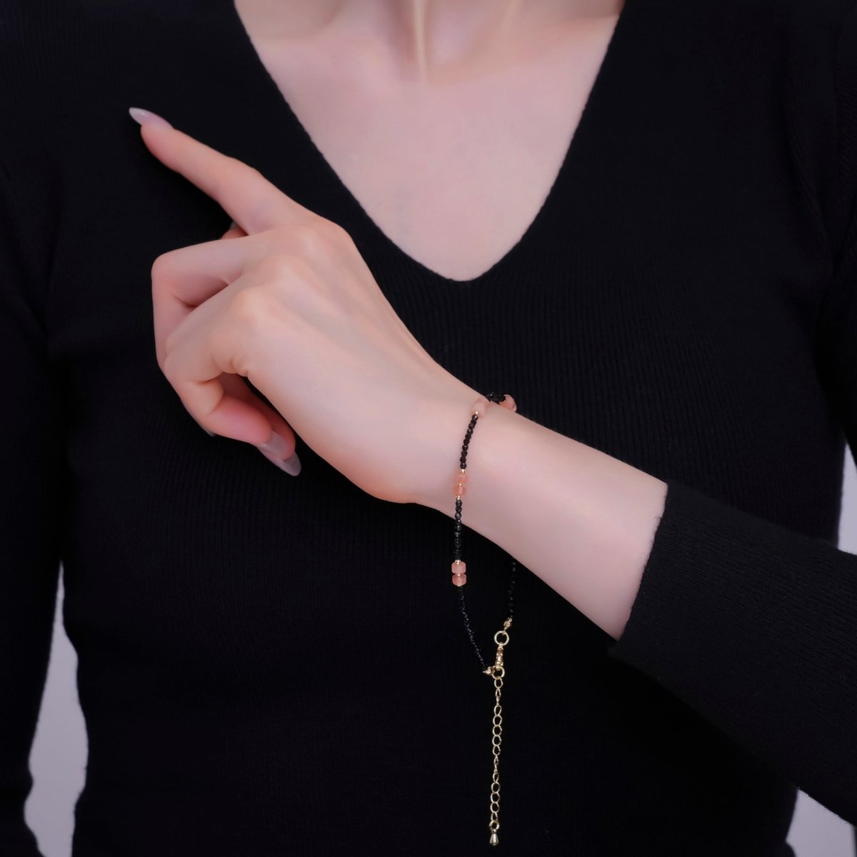 24K Gold plated 2mm Pink Black Multifaceted Gemstone 9 Inch Anklet Bracelet | WA - 2949 - DLUXCA