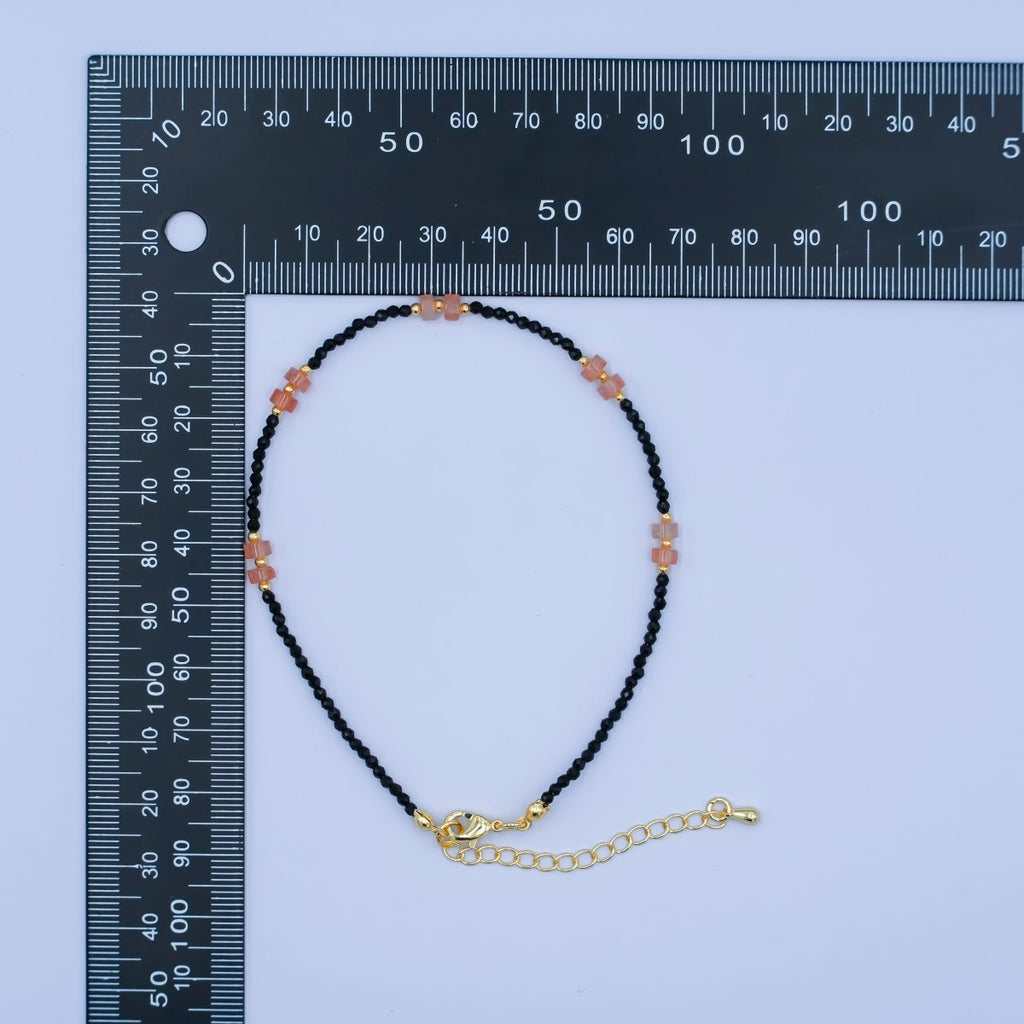 24K Gold plated 2mm Pink Black Multifaceted Gemstone 9 Inch Anklet | WA-2949
