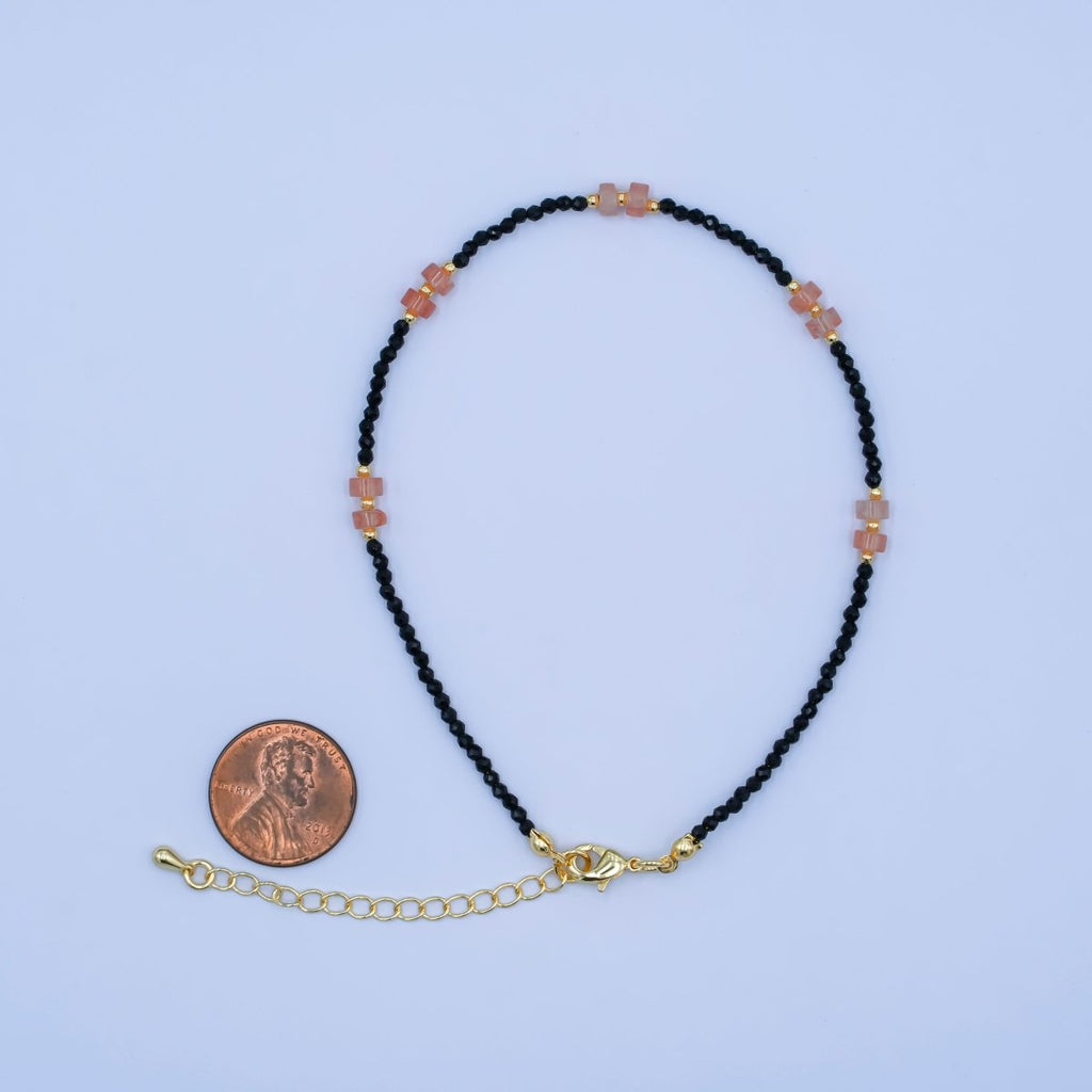 24K Gold plated 2mm Pink Black Multifaceted Gemstone 9 Inch Anklet | WA-2949