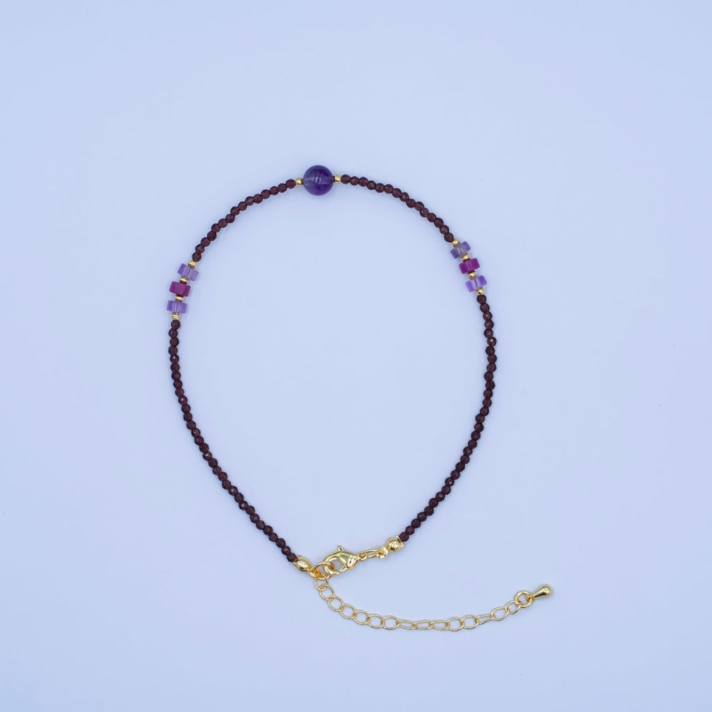 24K Gold plated 2mm Purple Amethyst Multifaceted Gemstone 9 Inch Anklet | WA-2950