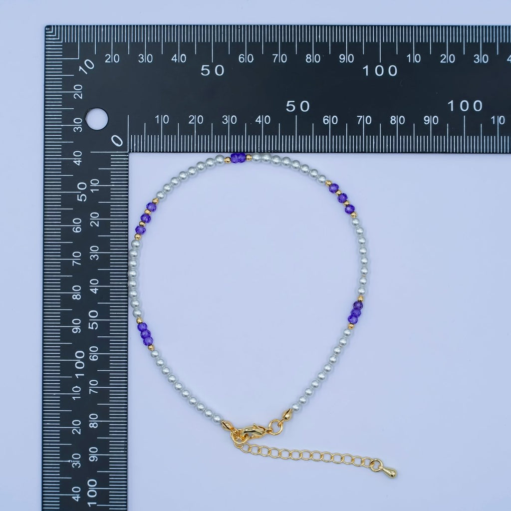 24K Gold plated 2mm Purple White Round Gemstone 9 Inch Anklet | WA-2948