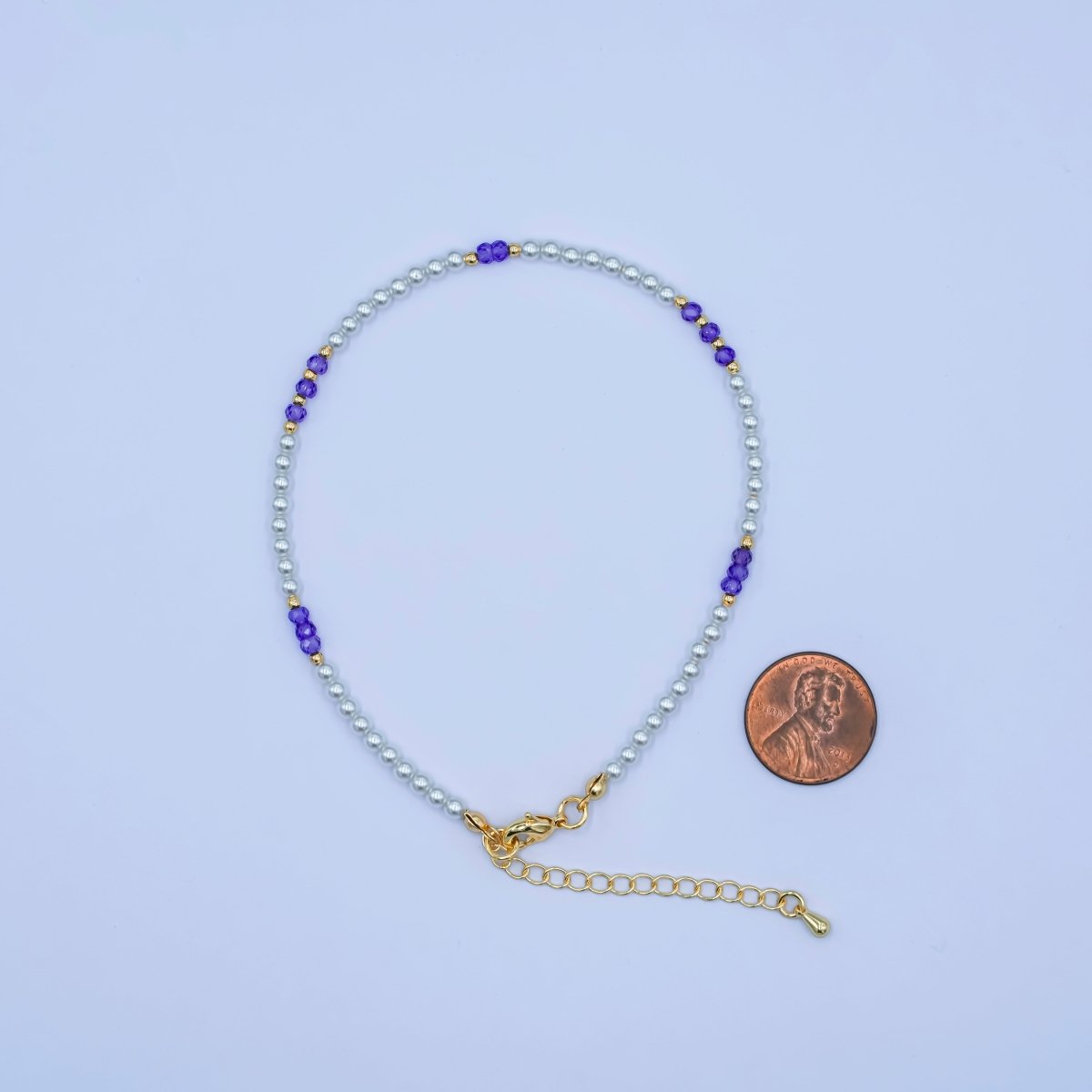 24K Gold plated 2mm Purple White Round Gemstone 9 Inch Anklet | WA-2948