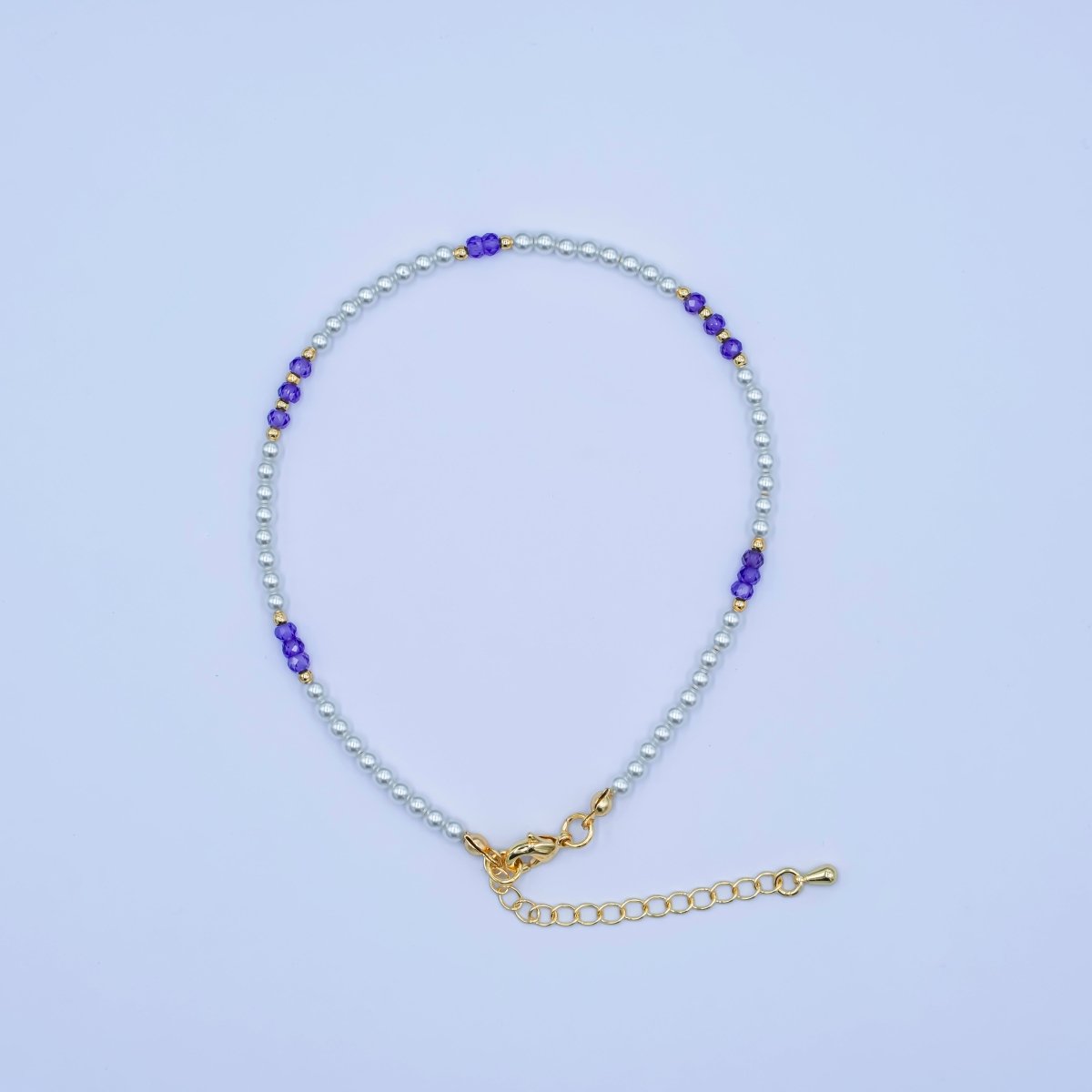 24K Gold plated 2mm Purple White Round Gemstone 9 Inch Anklet | WA-2948
