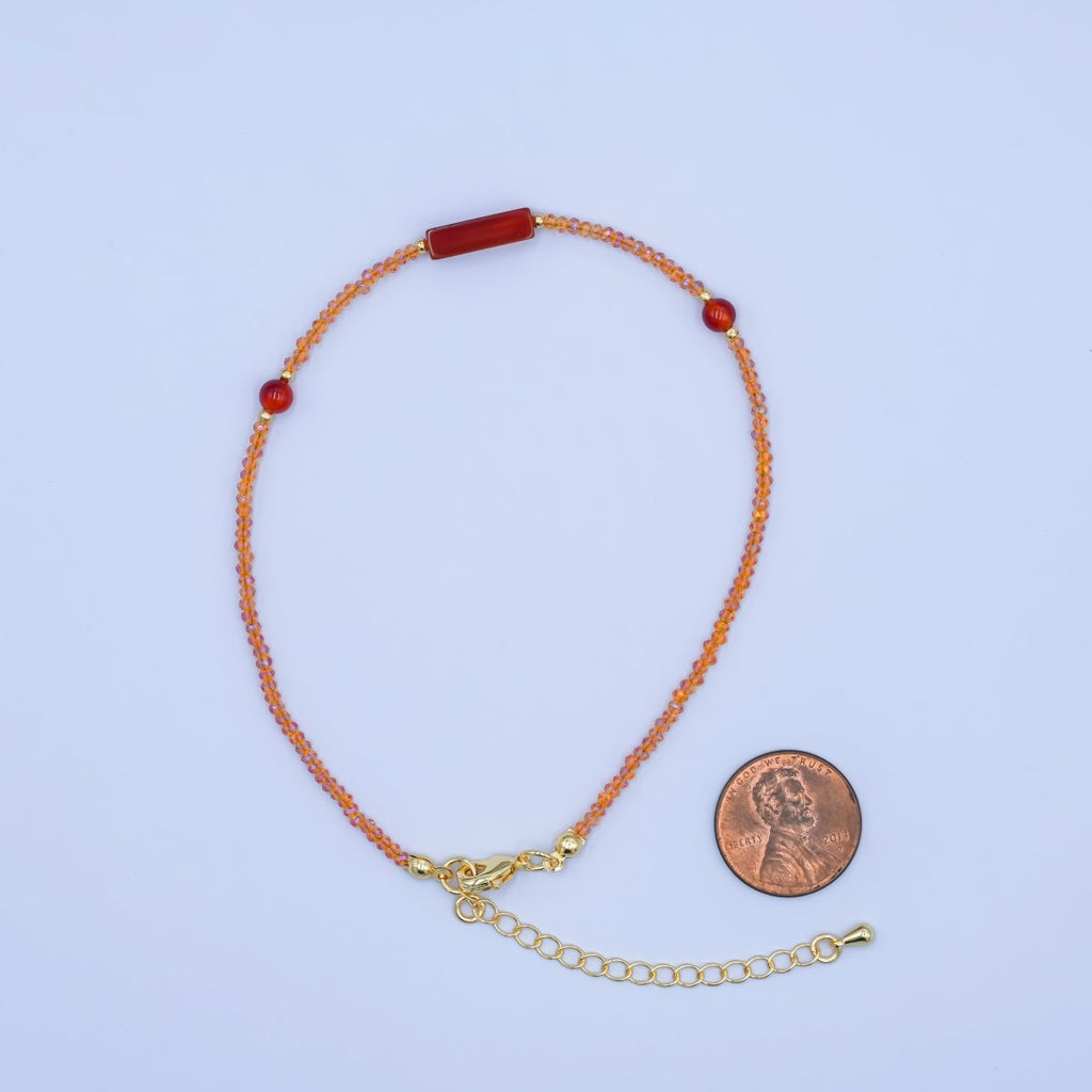 24K Gold plated 2mm Red Carnelian Multifaceted Gemstone 9 Inch Anklet | WA-2951
