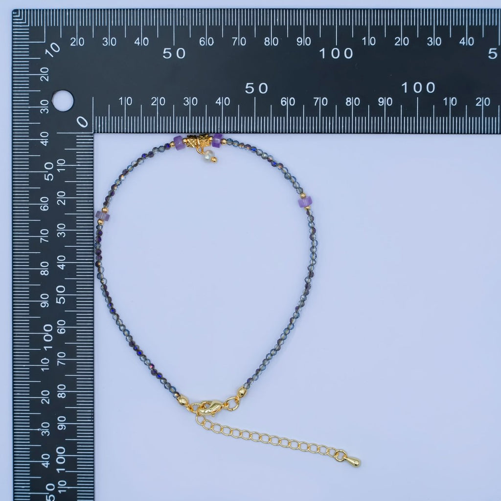 24K Gold plated 2mm Shell Pearl Dark Multifaceted Gemstone 9 Inch Anklet | WA-2953