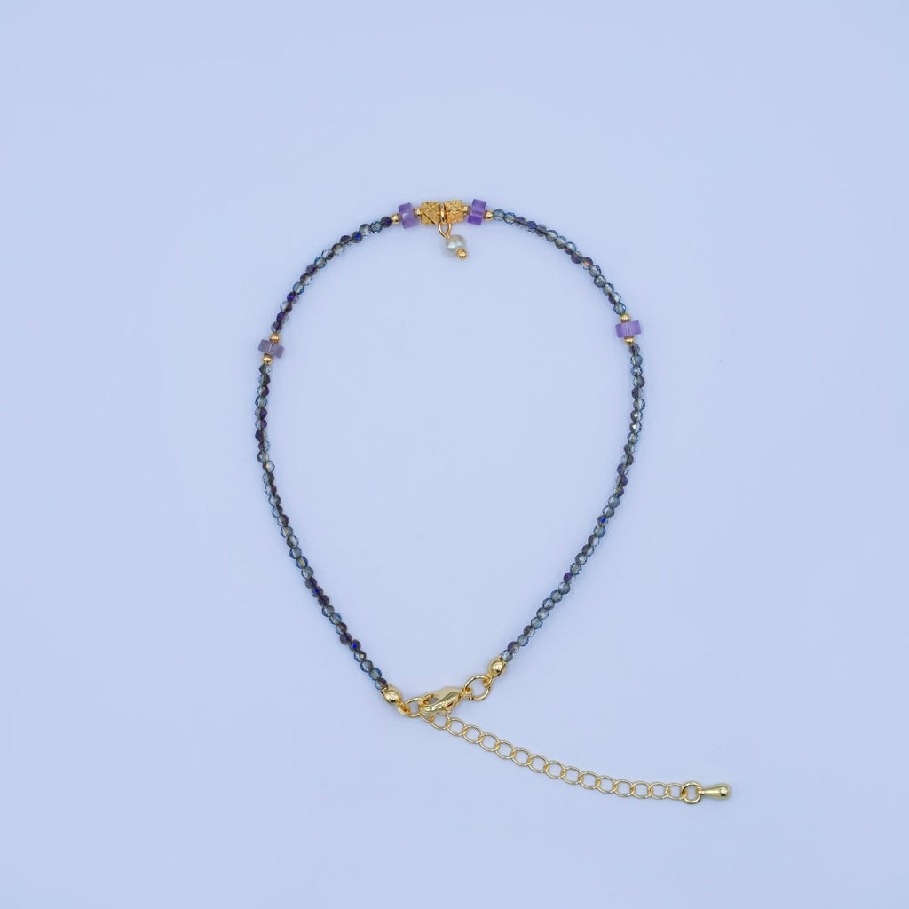 24K Gold plated 2mm Shell Pearl Dark Multifaceted Gemstone 9 Inch Anklet | WA-2953