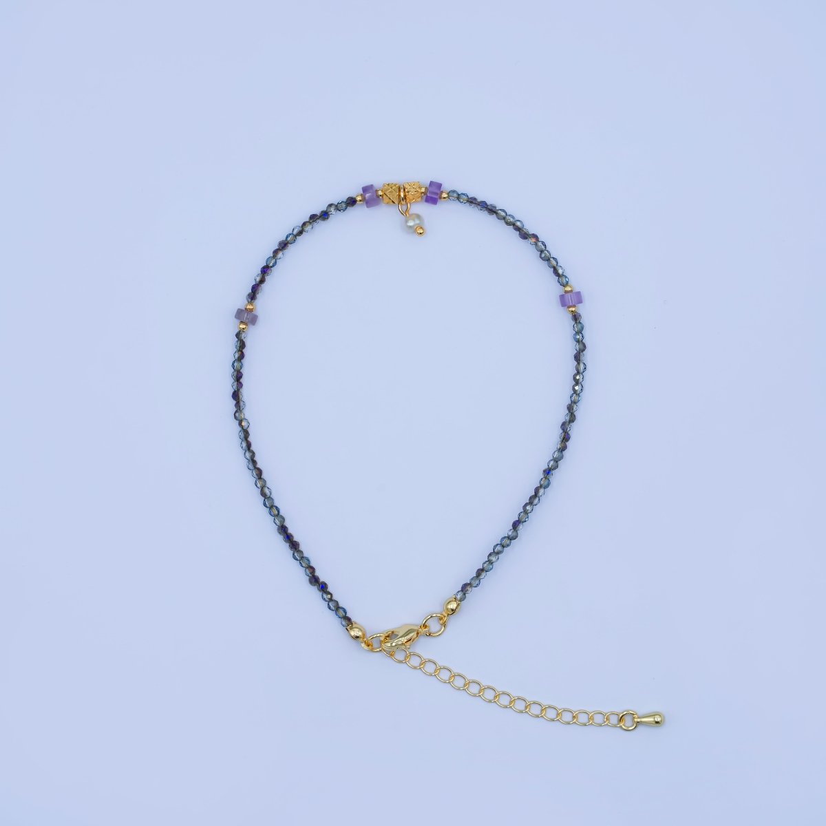 24K Gold plated 2mm Shell Pearl Dark Multifaceted Gemstone 9 Inch Anklet | WA-2953