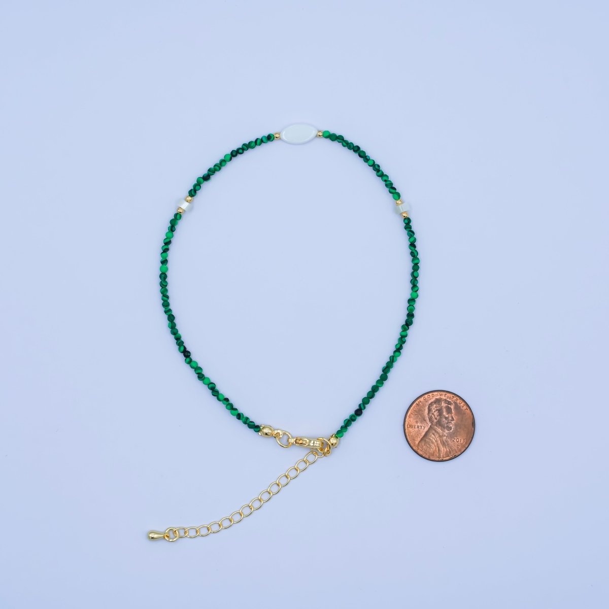 24K Gold plated 2mm Shell Pearl Malachite Multifaceted Gemstone 9 Inch Anklet | WA - 2946 - DLUXCA