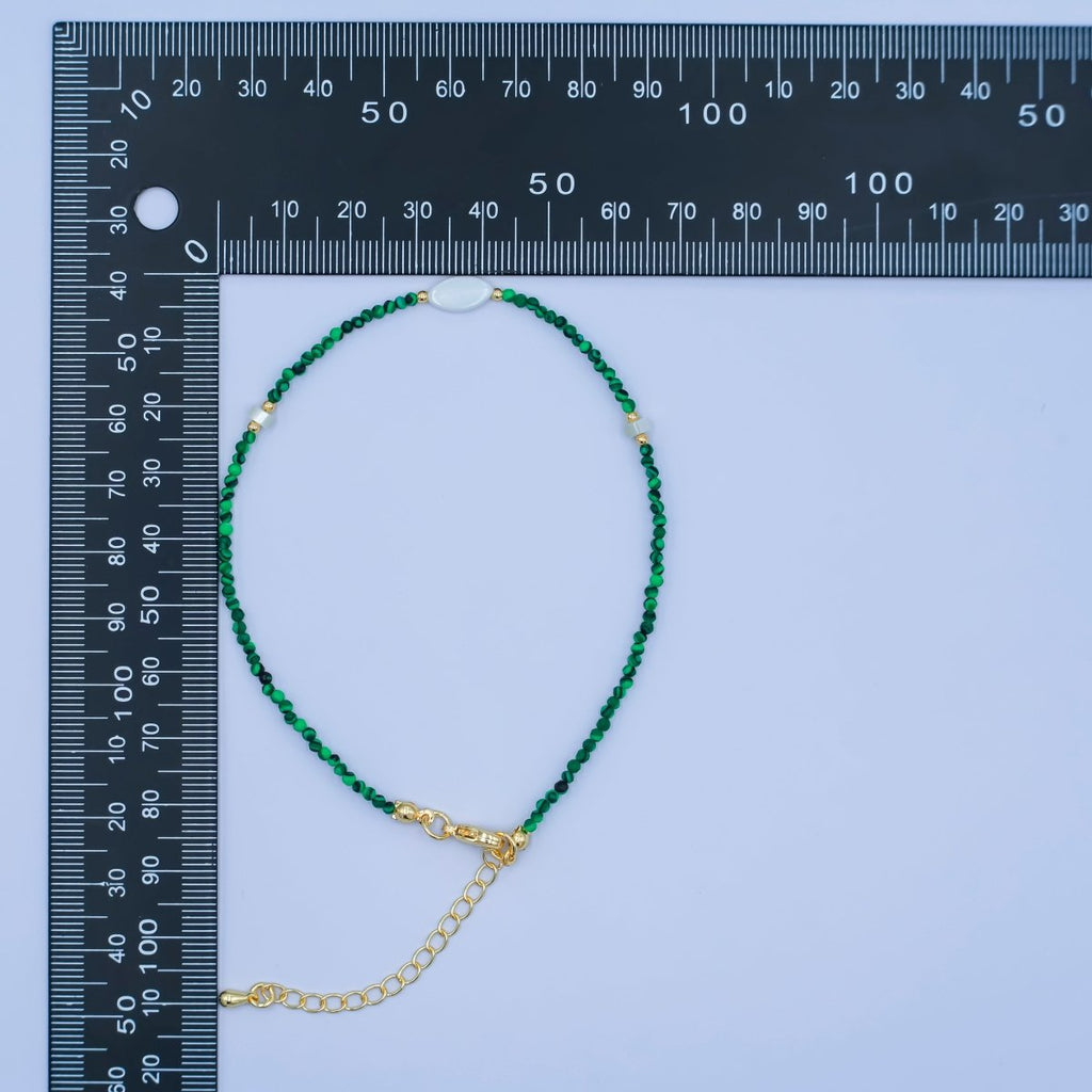 24K Gold plated 2mm Shell Pearl Malachite Multifaceted Gemstone 9 Inch Anklet | WA - 2946 - DLUXCA