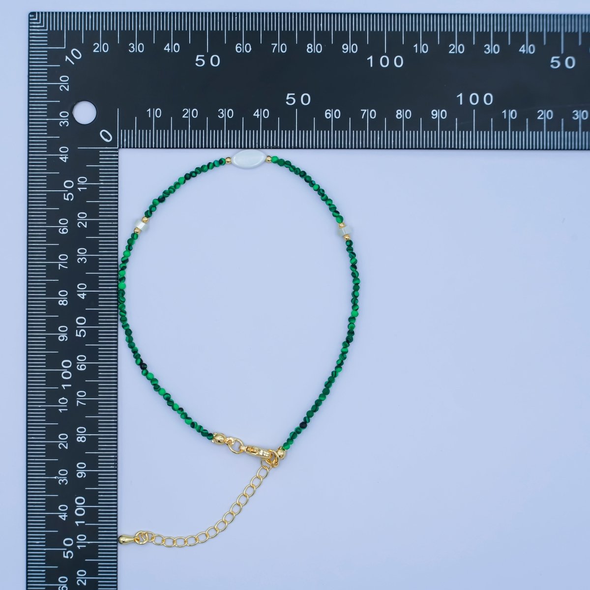 24K Gold plated 2mm Shell Pearl Malachite Multifaceted Gemstone 9 Inch Anklet | WA - 2946 - DLUXCA
