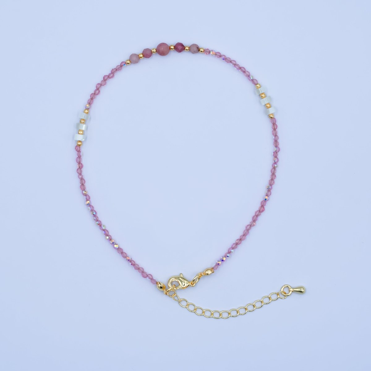 24K Gold plated 2mm Shell Pearl Pink Quartz Multifaceted Gemstone 9 Inch Anklet | WA-2945