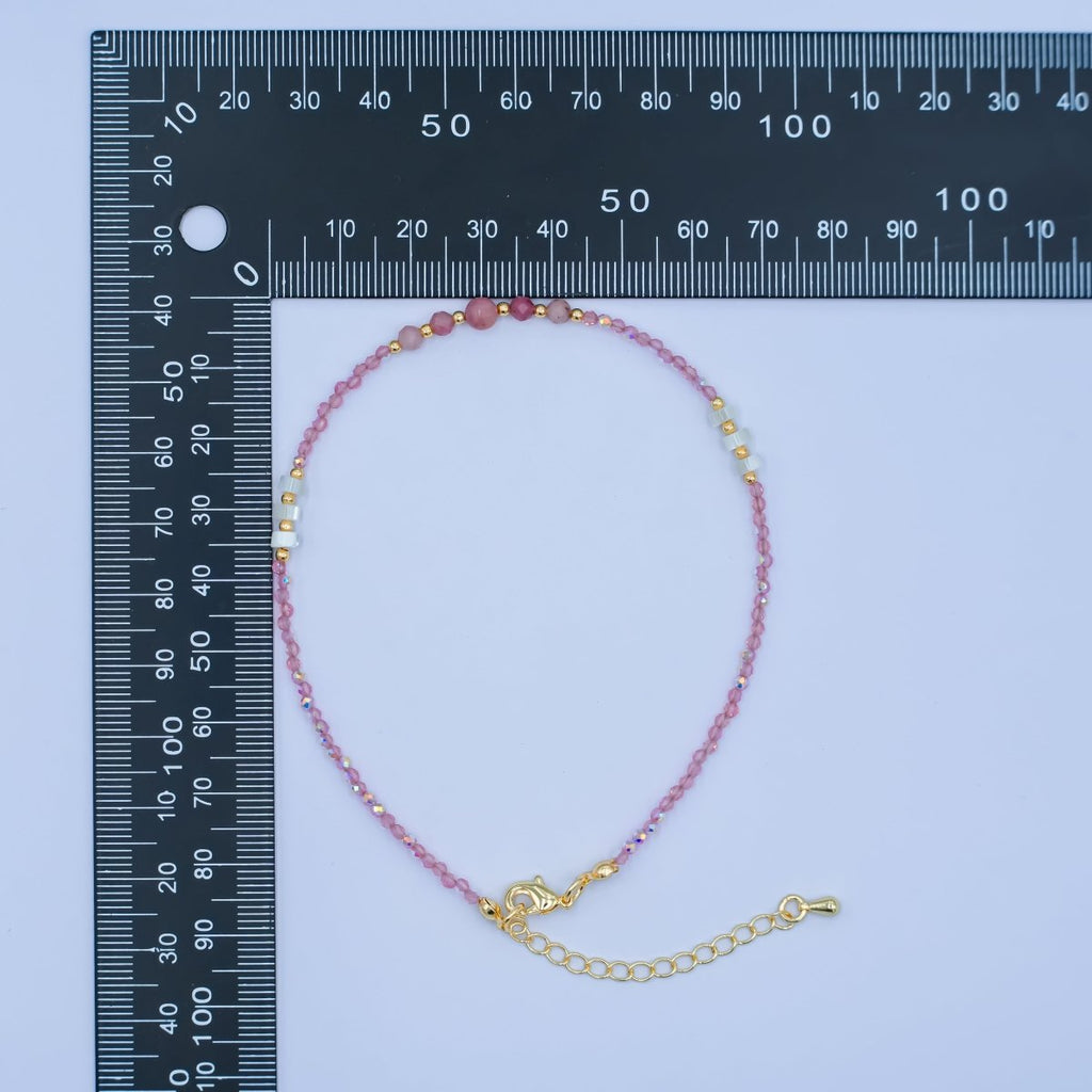 24K Gold plated 2mm Shell Pearl Pink Quartz Multifaceted Gemstone 9 Inch Anklet | WA-2945