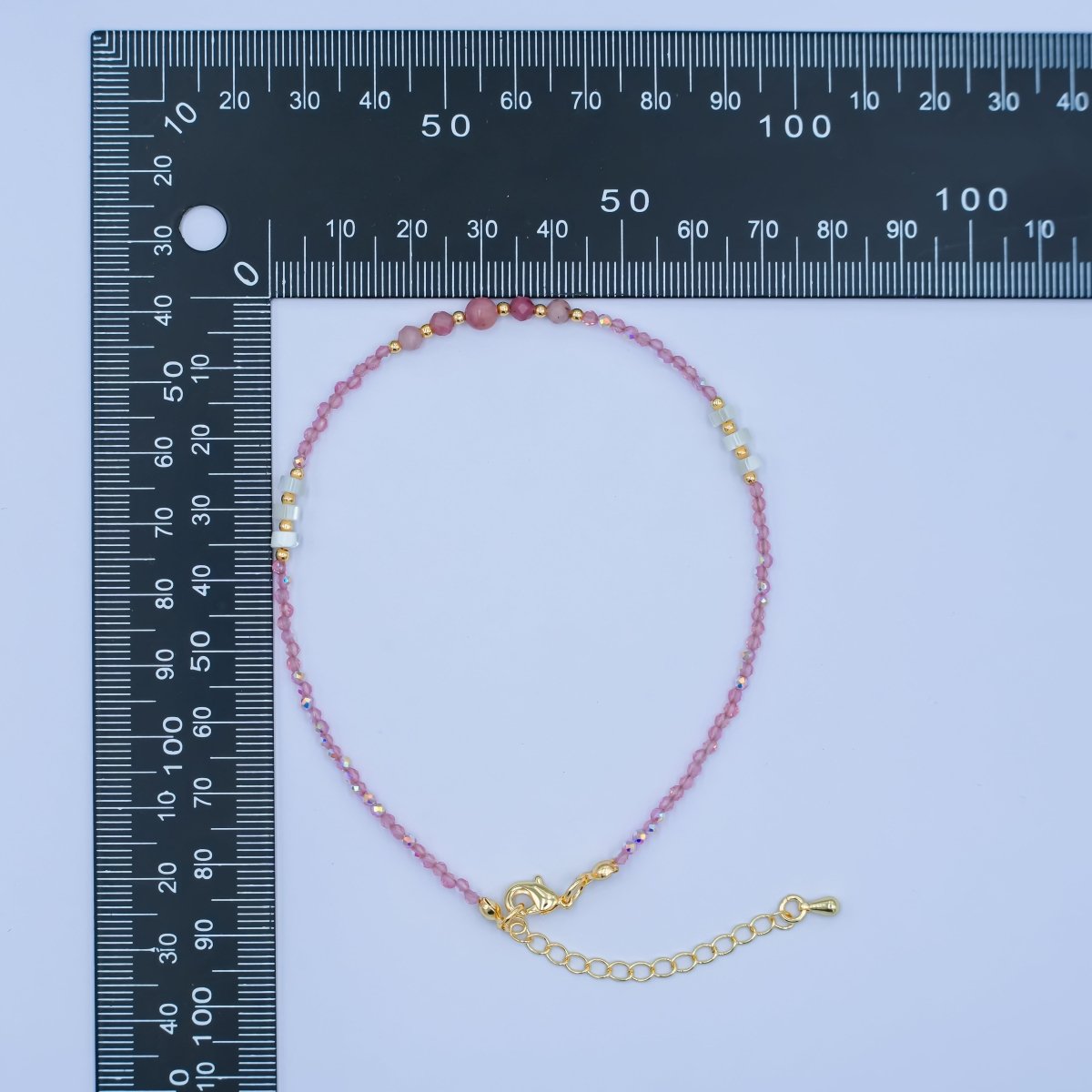 24K Gold plated 2mm Shell Pearl Pink Quartz Multifaceted Gemstone 9 Inch Anklet | WA-2945
