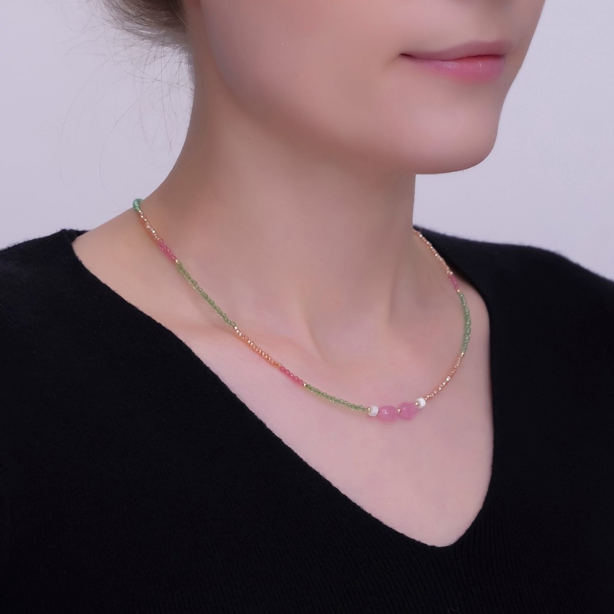 24K Gold plated 2mm Watermelon Quartz Gemstone 16 Inch Necklace | WA - 2959 - DLUXCA