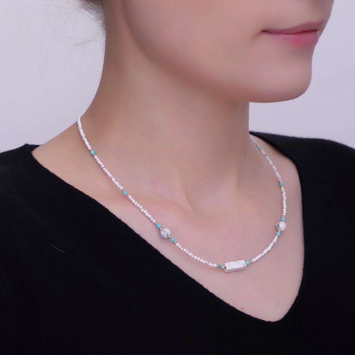 24K Gold plated 2mm White Howlite Gemstone 16 Inch Necklace | WA - 2958 