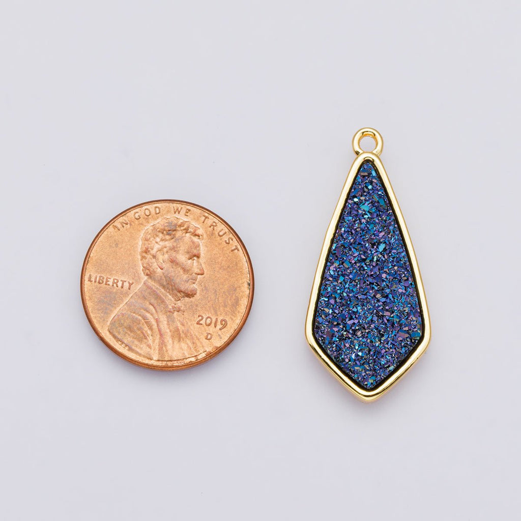 24K Gold plated 30mm Black, Blue, Purple Glitter Druzy Rhombus Geometric Charm | E00438 - DLUXCA