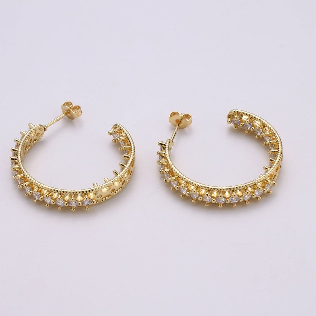24K Gold plated 30mm Clear CZ Front - Facing C - Shaped Hoop Earrings | Q420 - DLUXCA