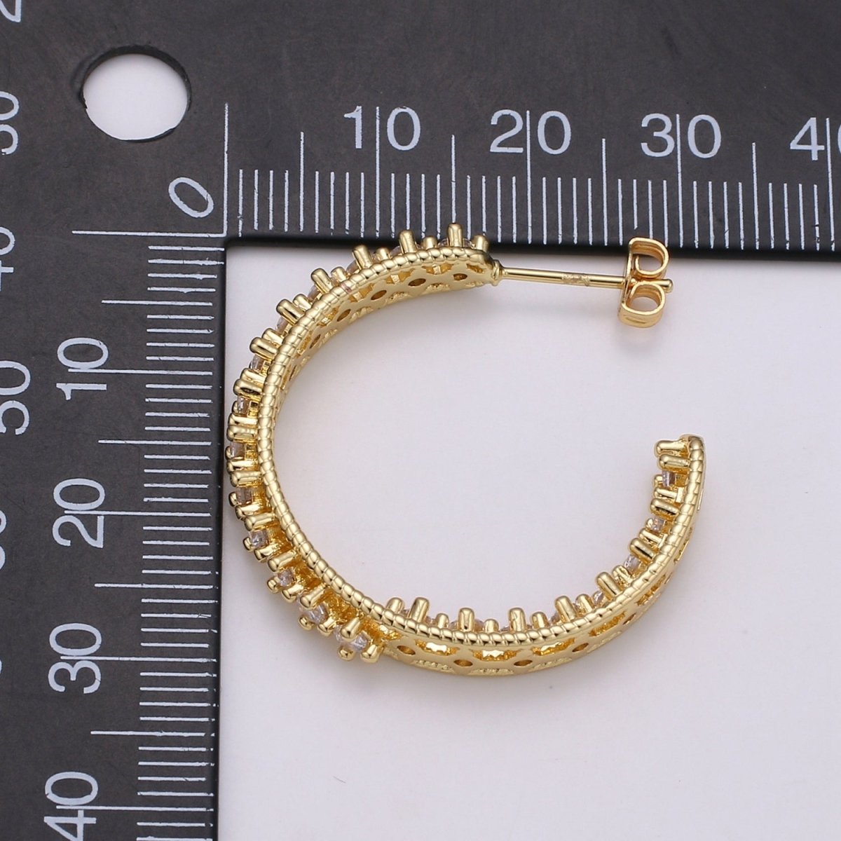 24K Gold plated 30mm Clear CZ Front - Facing C - Shaped Hoop Earrings | Q420 - DLUXCA