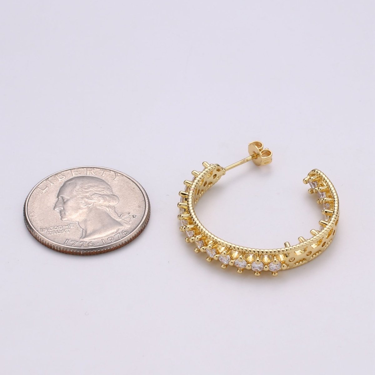 24K Gold plated 30mm Clear CZ Front - Facing C - Shaped Hoop Earrings | Q420 - DLUXCA