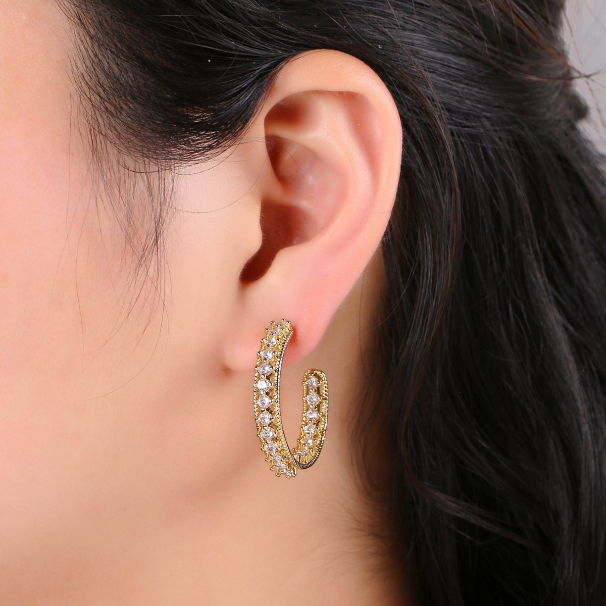 24K Gold plated 30mm Clear CZ Front - Facing C - Shaped Hoop Earrings | Q420 - DLUXCA