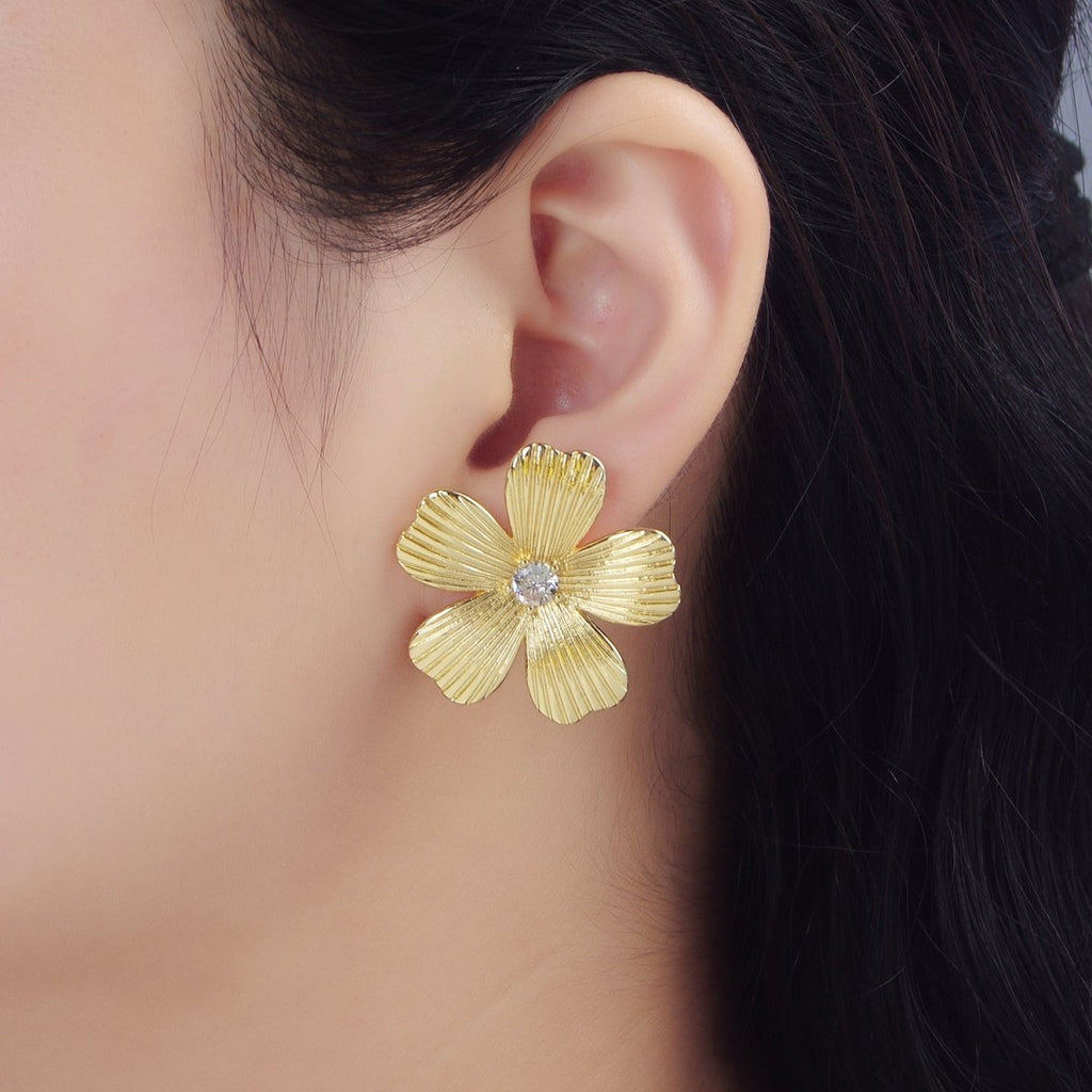24K Gold plated 30mm Clear CZ Ribbed Flower Stud Earrings | AD779 - DLUXCA