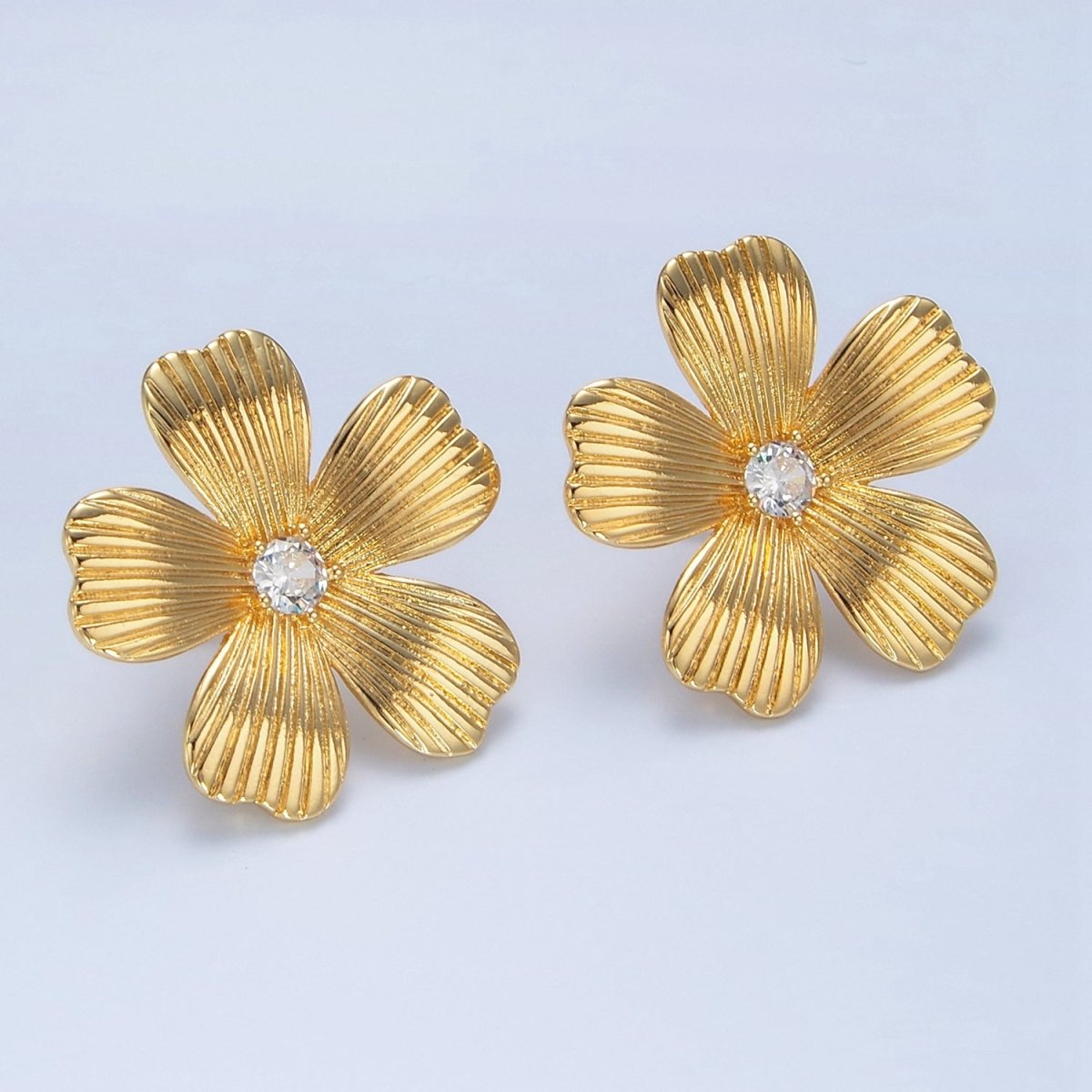 24K Gold plated 30mm Clear CZ Ribbed Flower Stud Earrings | AD779 - DLUXCA