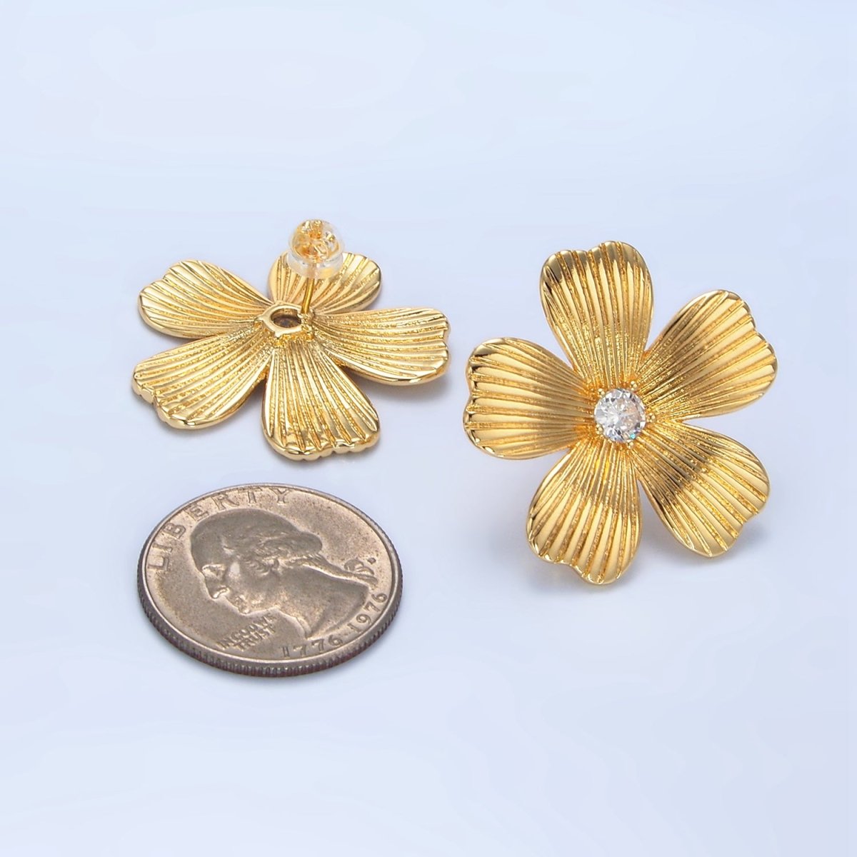 24K Gold plated 30mm Clear CZ Ribbed Flower Stud Earrings | AD779 - DLUXCA