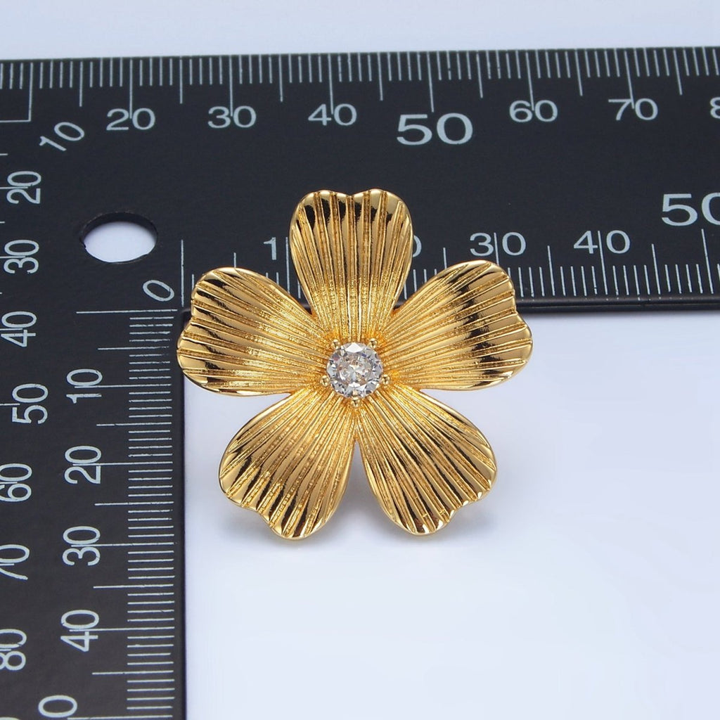24K Gold plated 30mm Clear CZ Ribbed Flower Stud Earrings | AD779 - DLUXCA