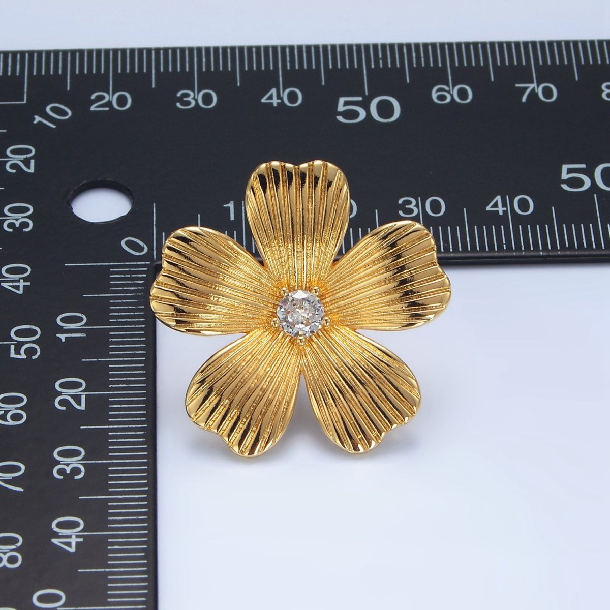 24K Gold plated 30mm Clear CZ Ribbed Flower Stud Earrings | AD779 - DLUXCA