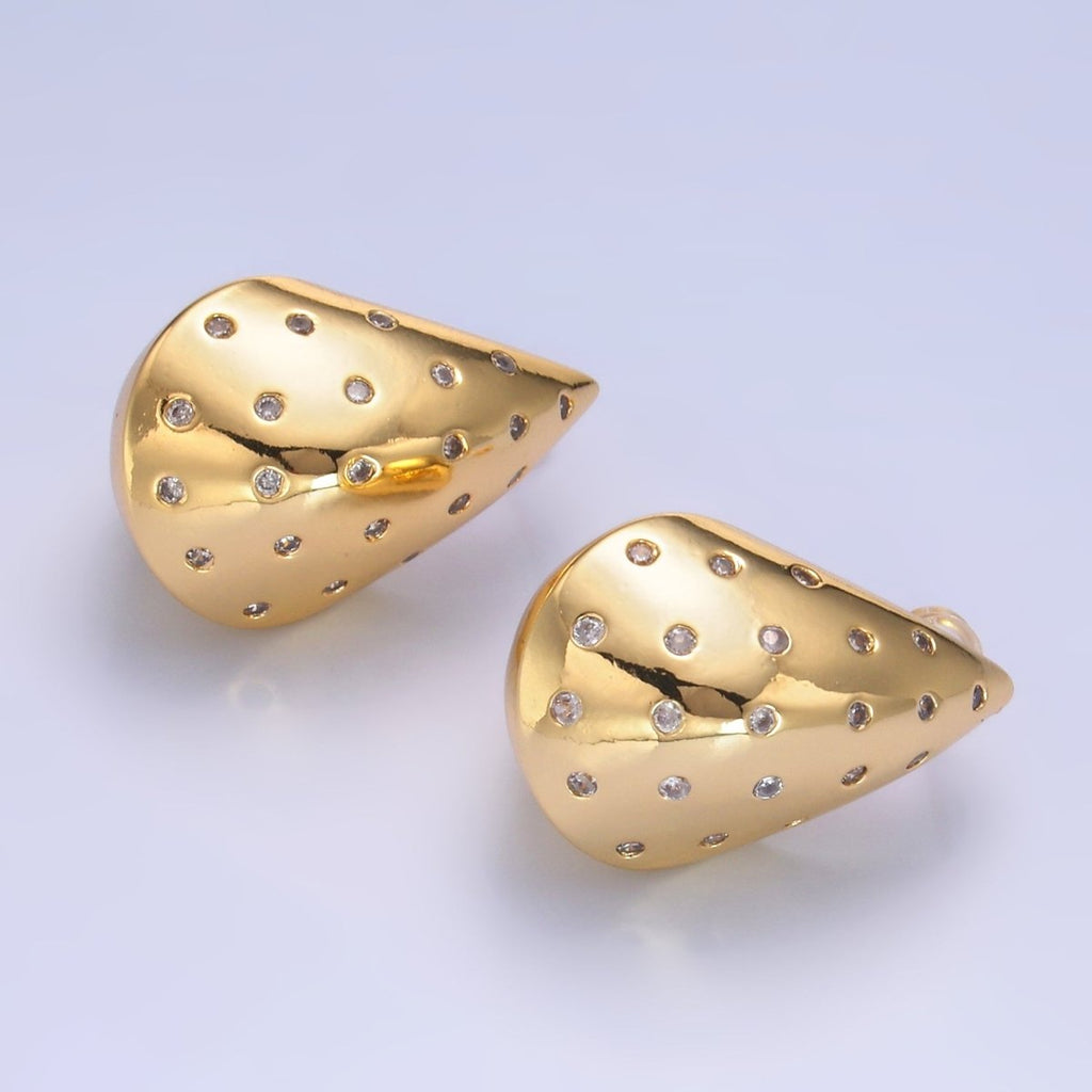 24K Gold plated 30mm CZ Dotted Edged Teardrop Dome Hoop Earrings | AB330 