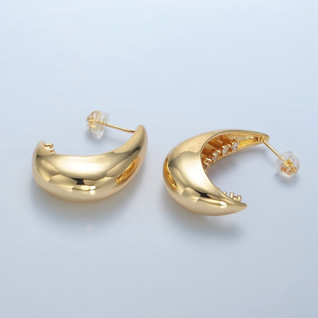 24K Gold plated 30mm CZ Lined J - Shaped Hoop Earrings | AD658 - DLUXCA