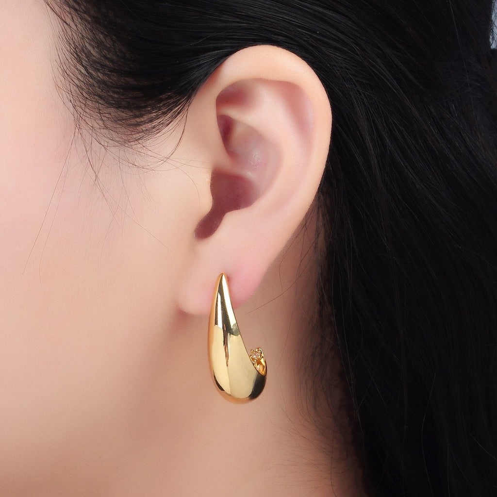 24K Gold plated 30mm CZ Lined J - Shaped Hoop Earrings | AD658 - DLUXCA