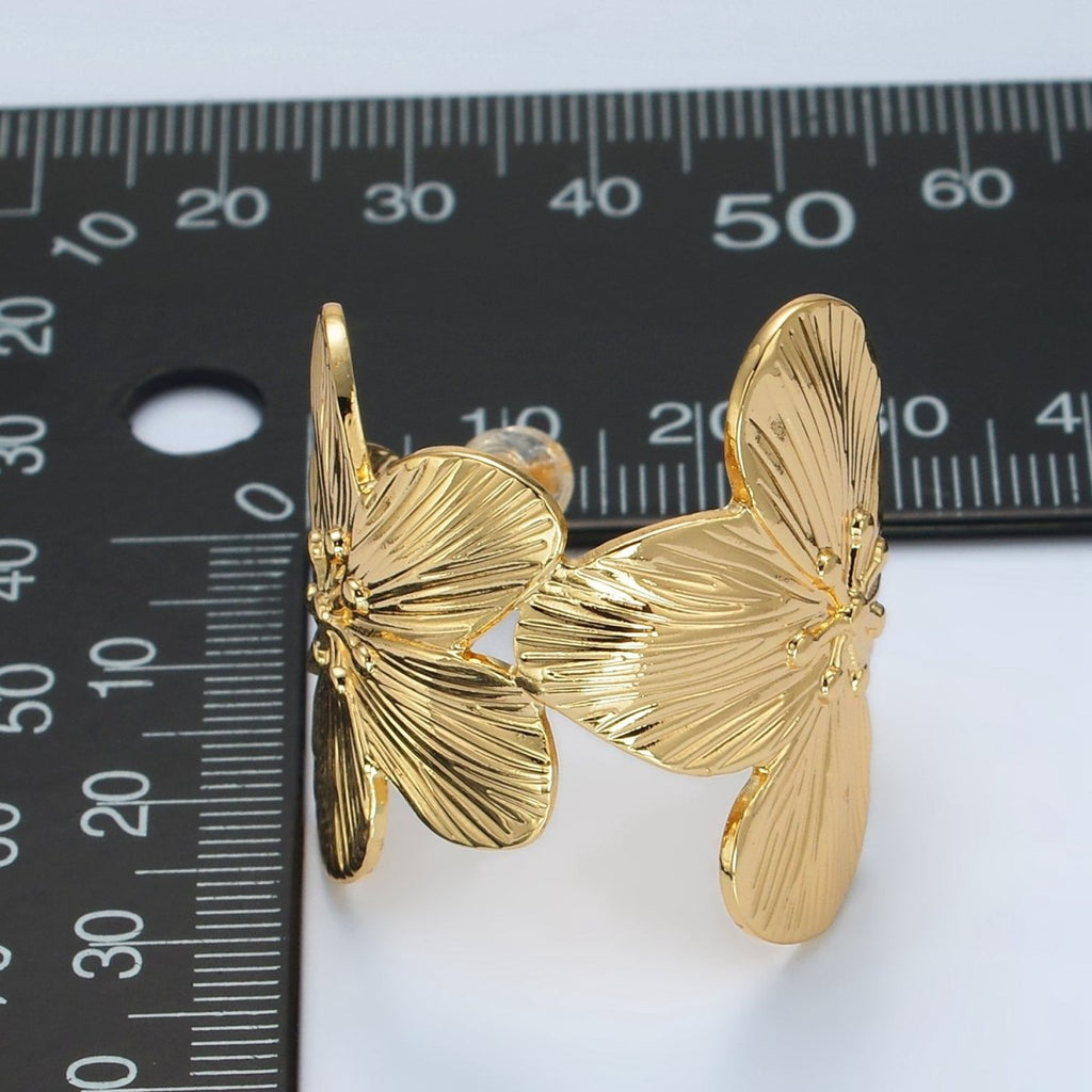 24K Gold plated 30mm Flower Textured Wide C - Shaped Hoop Earrings | T215 - DLUXCA