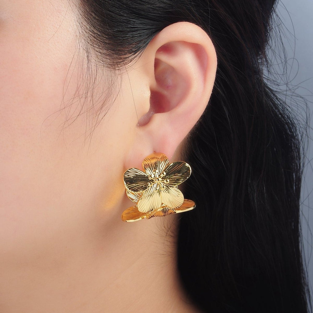 24K Gold plated 30mm Flower Textured Wide C - Shaped Hoop Earrings | T215 - DLUXCA
