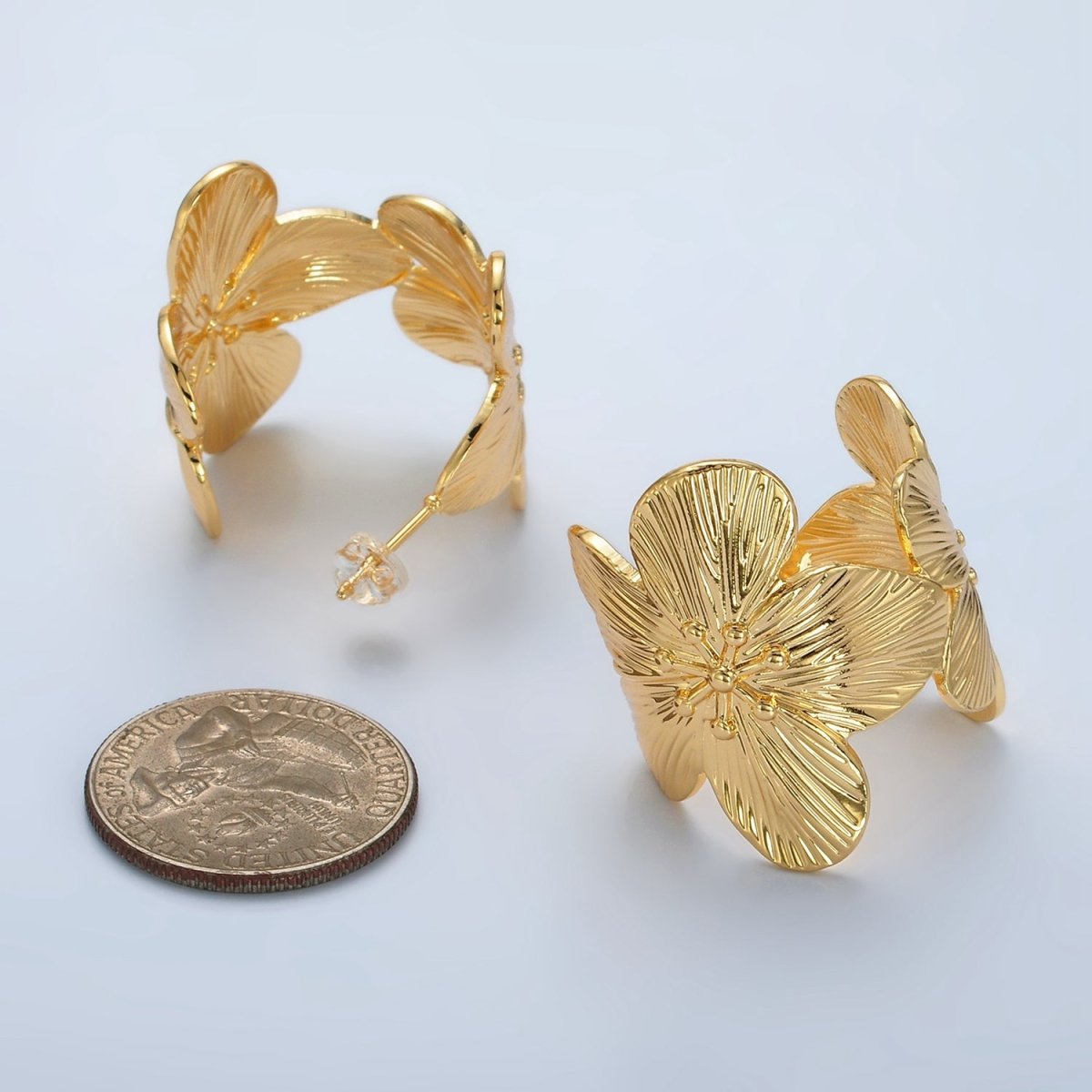 24K Gold plated 30mm Flower Textured Wide C - Shaped Hoop Earrings | T215 - DLUXCA