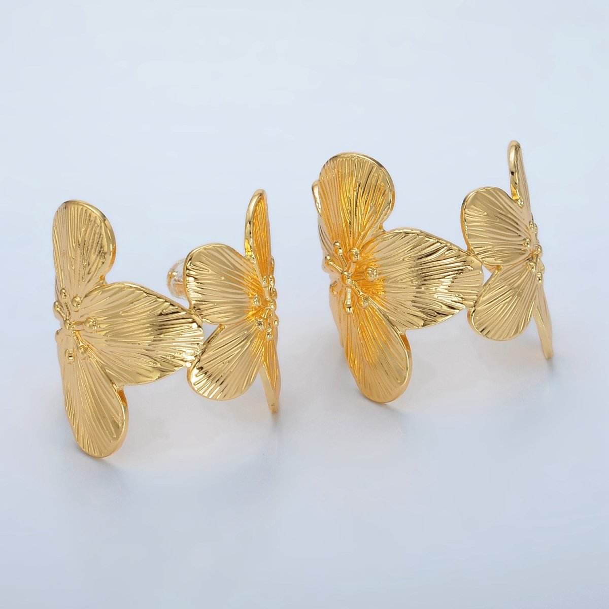 24K Gold plated 30mm Flower Textured Wide C - Shaped Hoop Earrings | T215 - DLUXCA